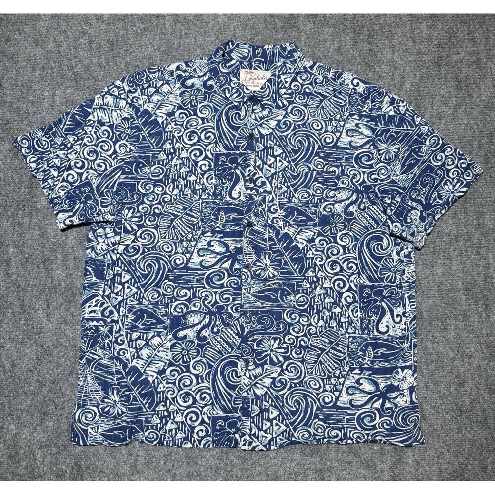 Kahala Hawaiian Shirt Aloha Button Up Rayon Linen Hawaii Bowl Men 2XL Blue